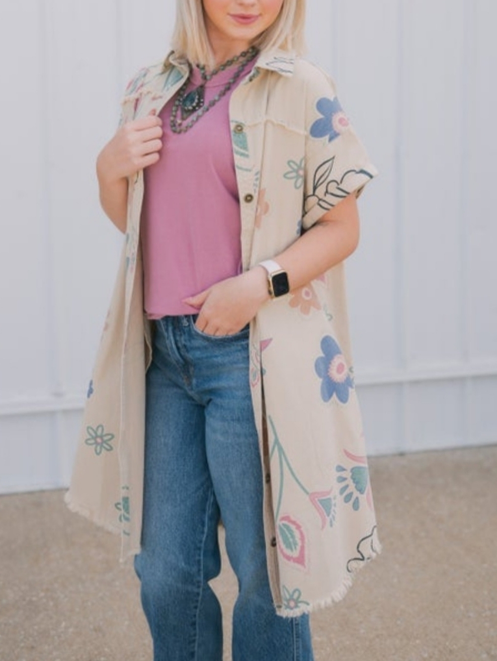 Easel Meadow Dreams Beige and Pink Floral Denim Dress Or Duster